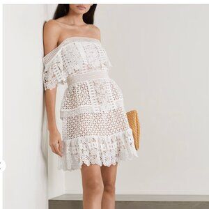 Self-Portrait Off-the-Shoulder Guipure Lace Mini Dress Ivory US Sz 8 UK Sz 12